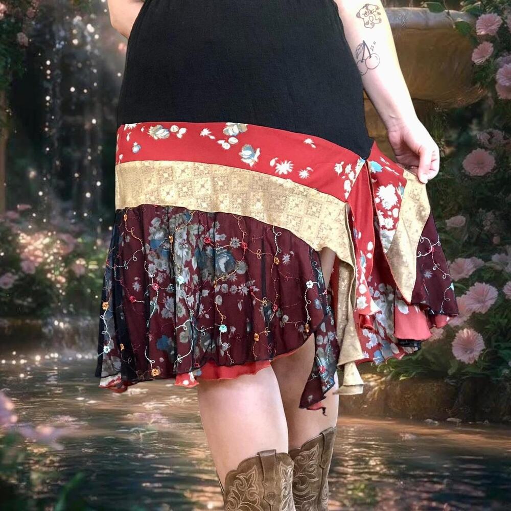 Handmade multi pattern burgundy patchwork midi skirt